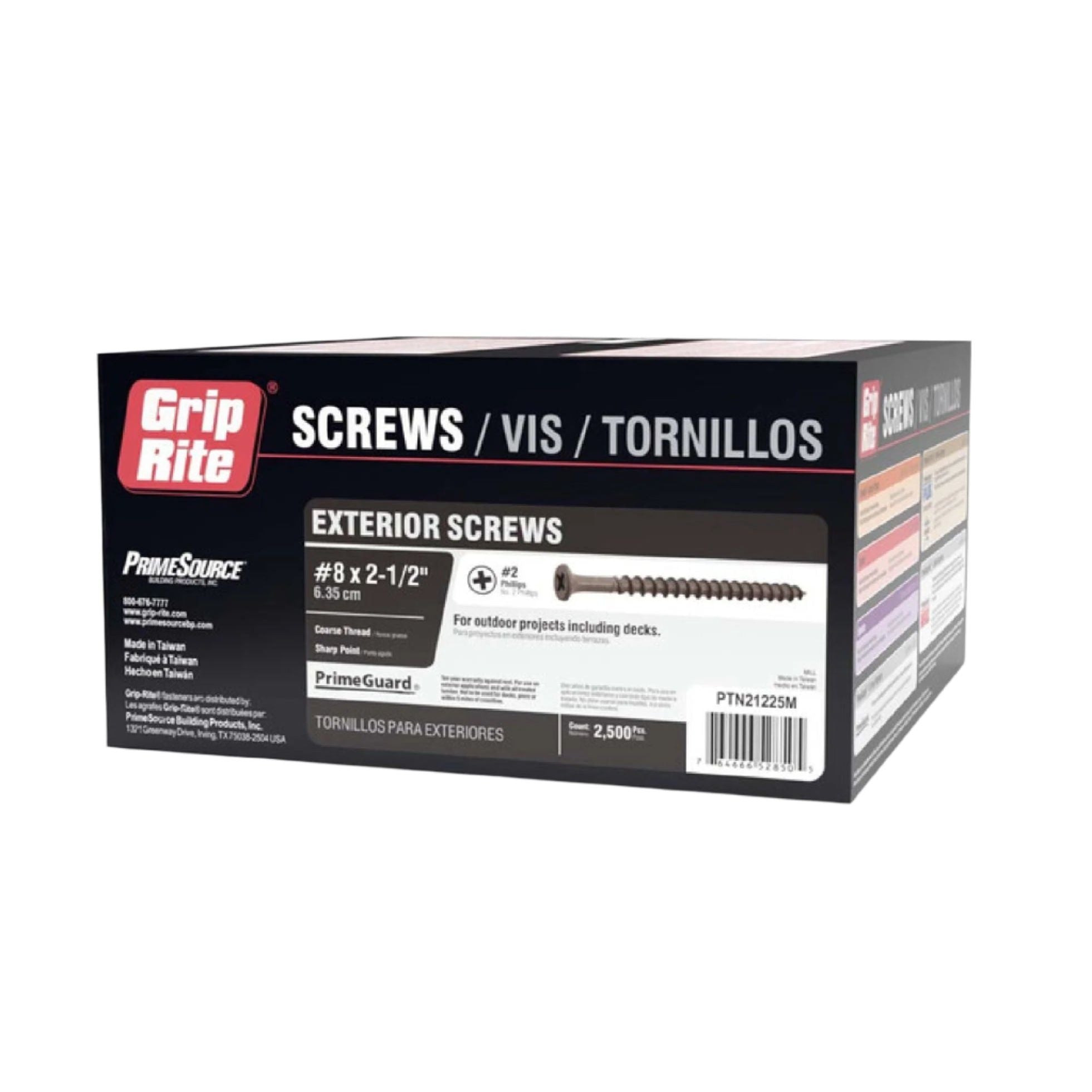A 25 lb. box of GRIP-RITE PTN21225M #8 x 2-1/2 in. screws, featuring text in English and Spanish with PrimeGuard coating for enhanced rust and corrosion resistance, includes the PrimeGuard Plus logo.